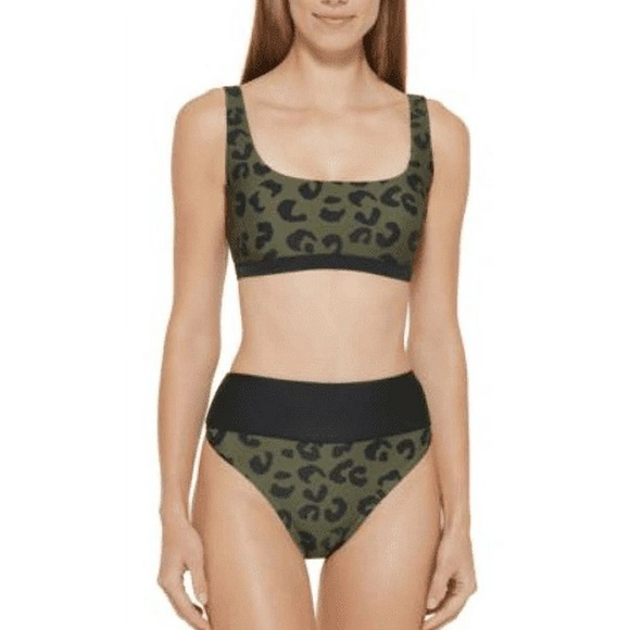 DKNY Printed High Waist Bikini Bottom in Block Leopard Moss Green (S) - Picture 2 of 8